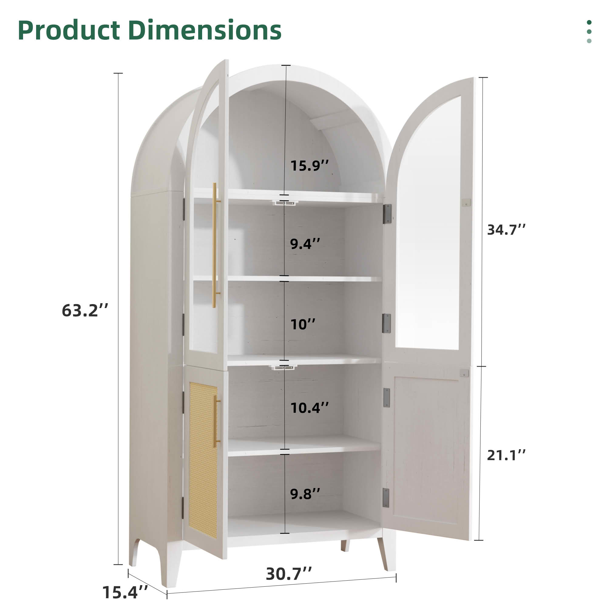 MAYEERTY 63" White Arch Cabinet with Glass Doors, for Bedroom Living Room