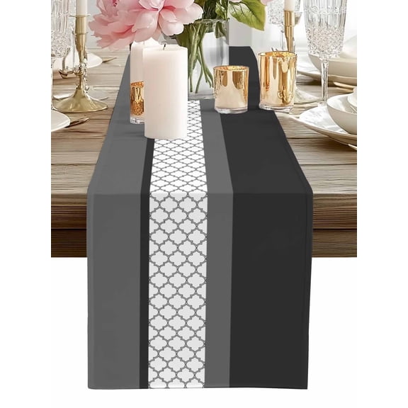 Table Runner Black Gray Geometric Table Runners Stitching Morocco Pattern Cotton Linen Dresser Scarf Kitchen Dining Table Decor for Home Dinner Party Decor 13x90 Inch