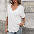 thumbnail image 5 of Kinrui Womens Short Sleeve Hooded T-Shirts Casual V Neck Loose Fit Lightweight Solid Color Pullover Top White 2XL, 5 of 8