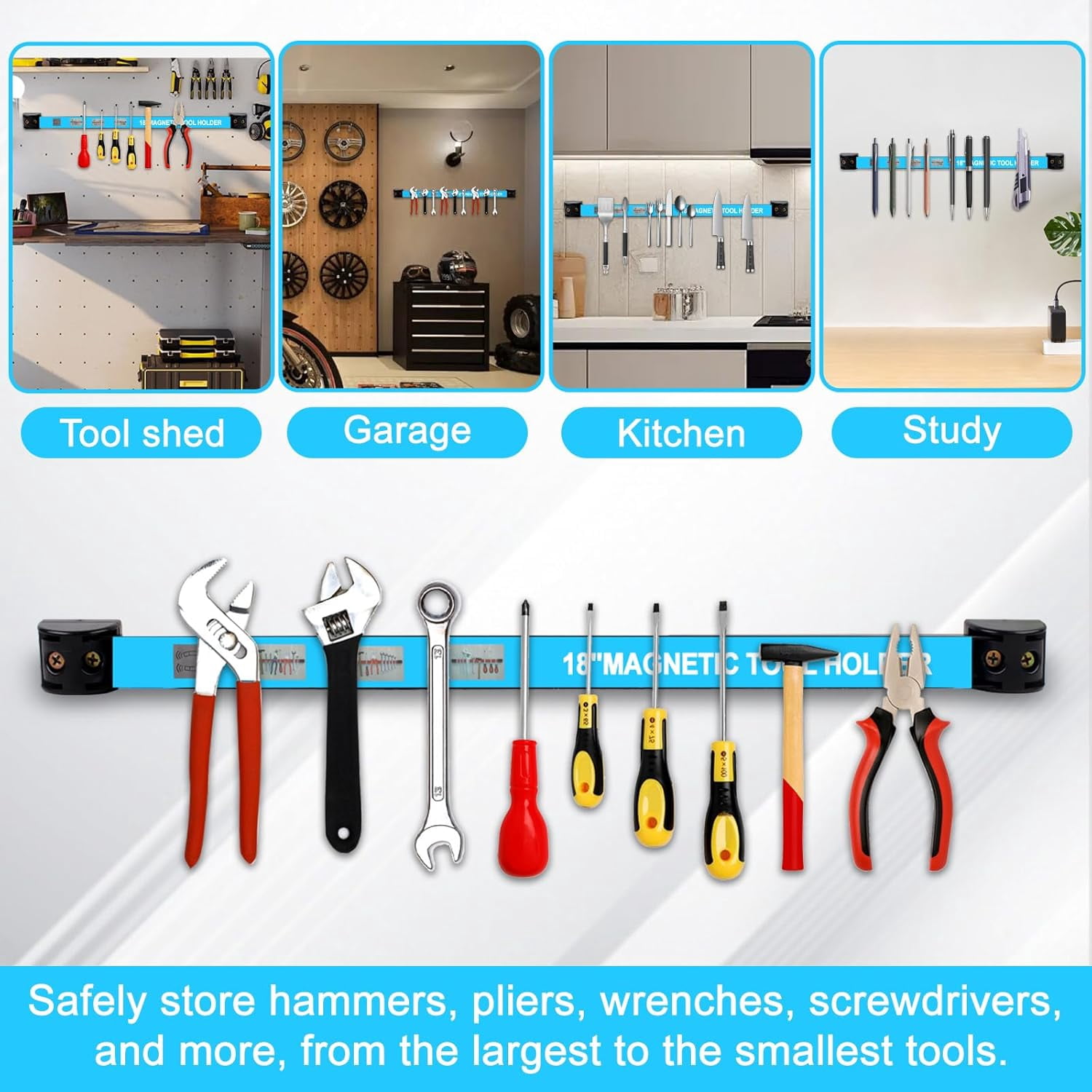 8PCS 18-inch Heavy Duty Magnetic Tool Holder Strips - Strong Magnet Bar for Garage, Workshop, Toolbox Organization & Storage