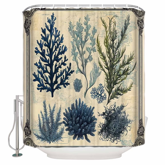Retro Seaweed Coral Shower Curtain, 60" x 72", Marine Life Watercolor Waterproof Bathroom Curtain Washable Shower Curtain Set with 12 Hooks