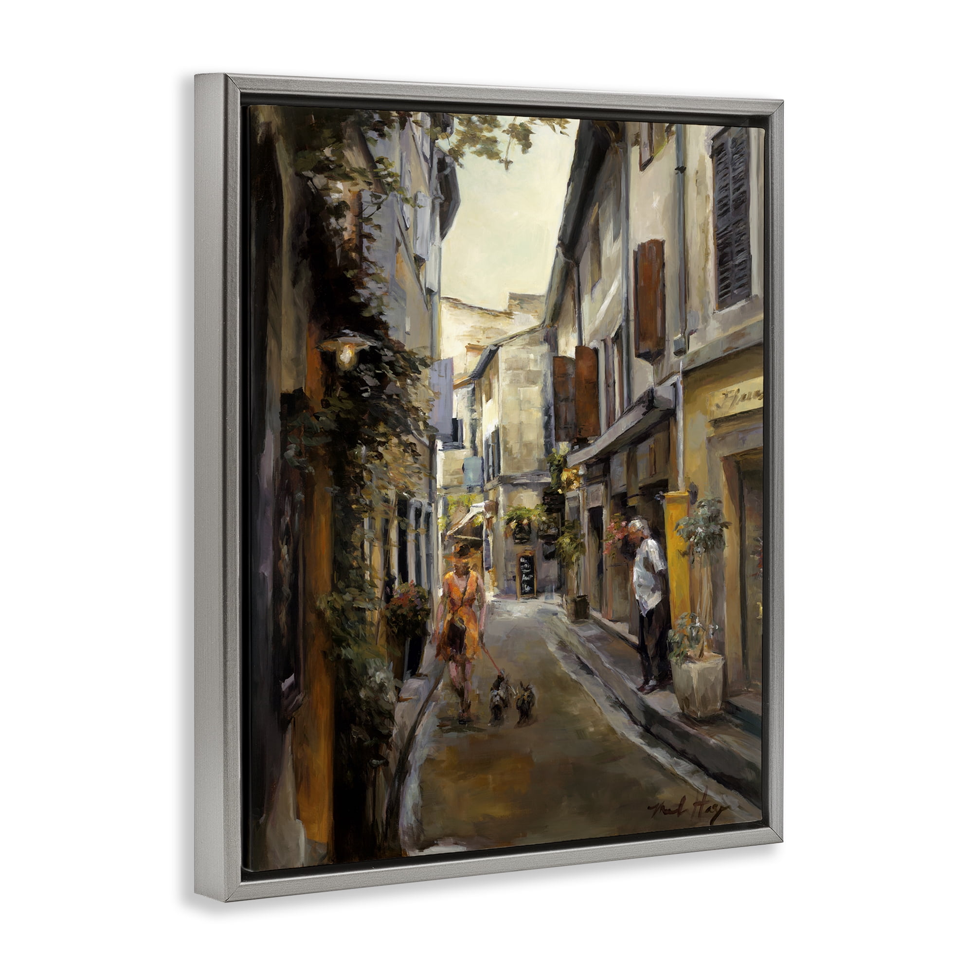 Stupell Industries European City Dog Walk Buildings & Architecture Painting Gray Floater Framed Canvas Art Print Wall Art, 25 x 31