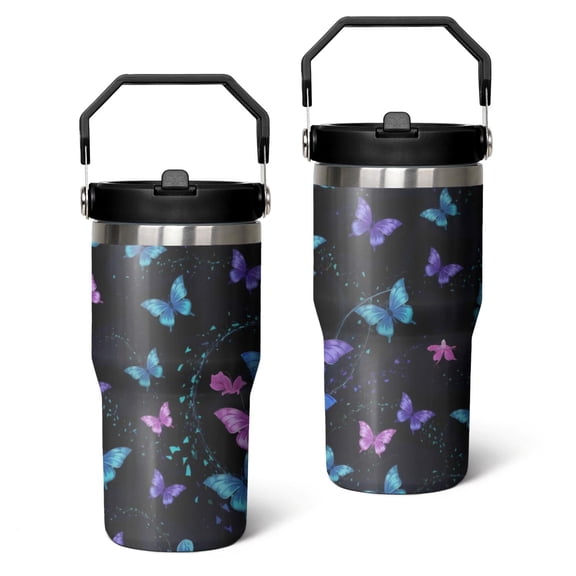 20 Oz Tumbler Blue Purple Butterflies Tumbler with Lid and Straw, Birthday Gift Cup for Friend Women Men Coffee Travel Mug Thanksgiving Day Halloween Christmas Gift Water Bottle