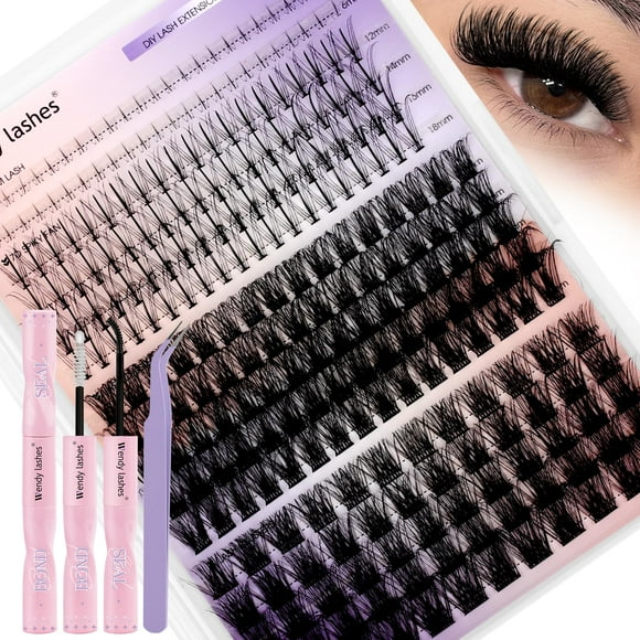 WENDY DIY D Curl Lash Clusters Individual Cluster Lashes Kit 12-18 mixed Wispy Lashes-kit Soft Set with 2 in 1 Lash Bond and Seal,Eyelash tweezers(C3+C9-07-D-1218-Kit)