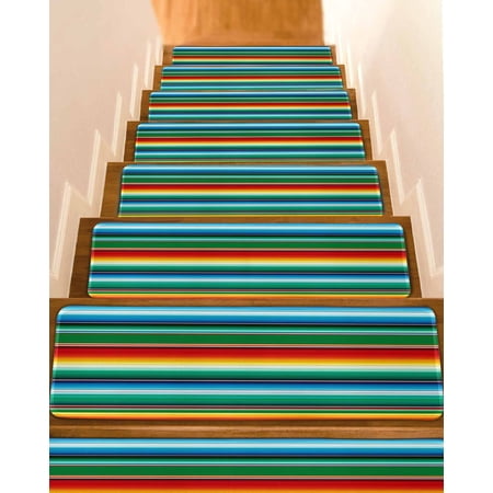 Mexican Stripes Stair Treads for Wooden Steps Indoor Runner Rug Carpet Colorful Striped Mexican Fiesta Theme 10 Pieces Peel and Stick Staircase Step Treads Covers Washable Throw Door Mats 30 x8