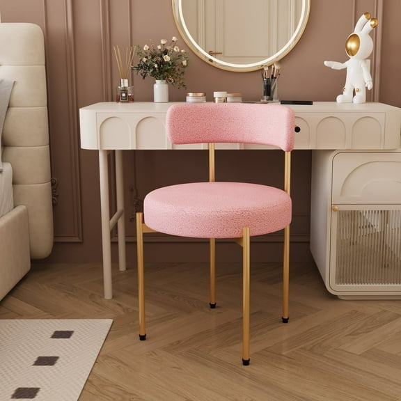 Desk Chair No Wheels Vanity Chair Comfy Accent Chair for Living Dining Room Bedroom Home Office Mid Century Modern Upholstered Armless Chair with Metal Legs (Gold Frame Pink, 1)