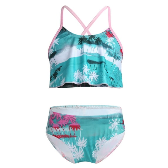 iEFiEL Little Girls Swimwear Tropical Holiday Bathing Suit Flounce Top with Briefs Set Green 9-10