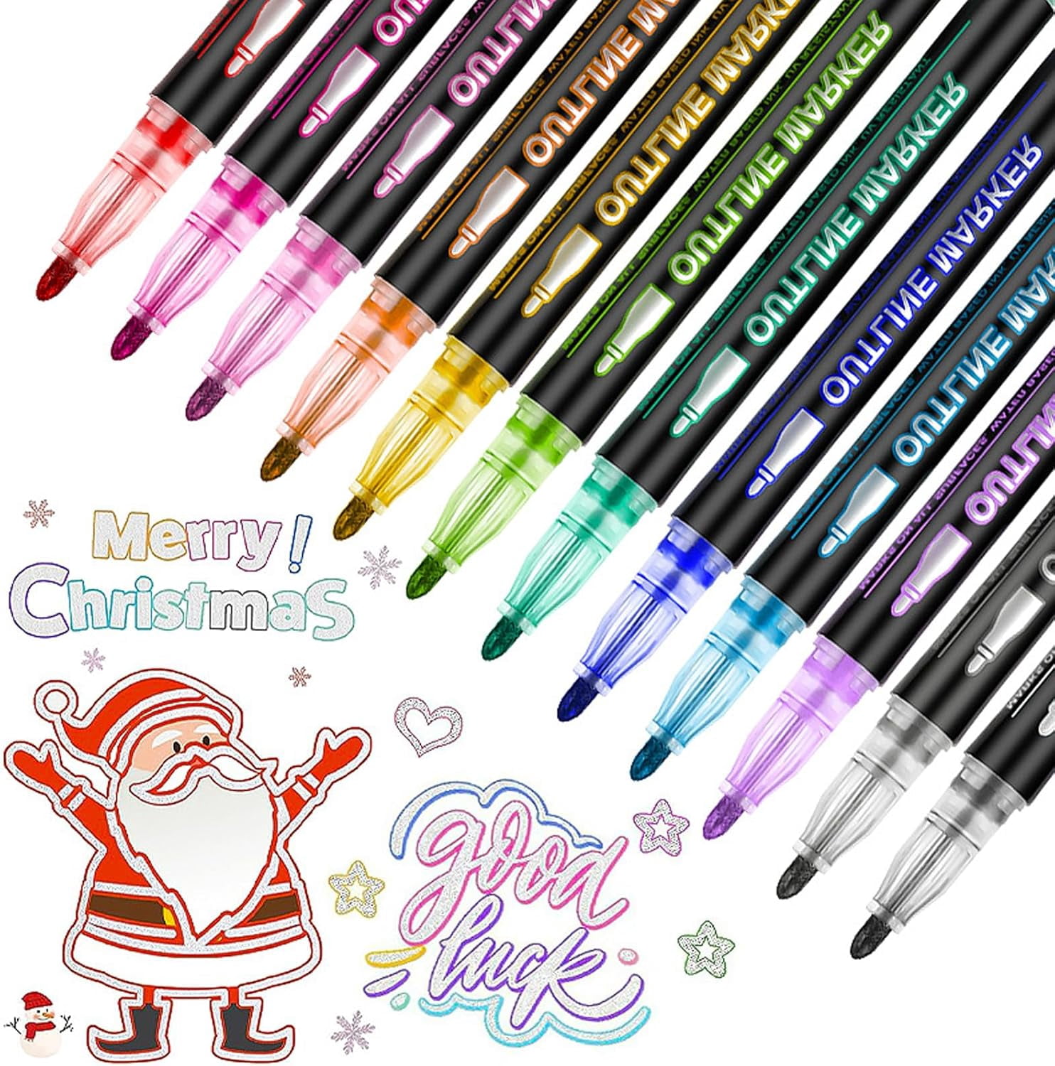Dreamy Sparkle Dual-Line Contour Pen, Double Line Super Squiggles Glitter & Metallic Markers, 8/12/24/36/48/60 Colors Self-Outline Metallic Markers Glitter Writing Drawing Pens