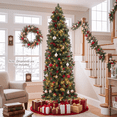 thumbnail image 2 of 7ft Pre-Lit Spruce Pencil Christmas Tree with 450 Lights, 920 Full Branch Tips, Slim Artificial Xmas Tree Pine Cone & Red Berries, Includes Metal Base, Ideal Xmas Decor for Home and Office, Green, 2 of 11
