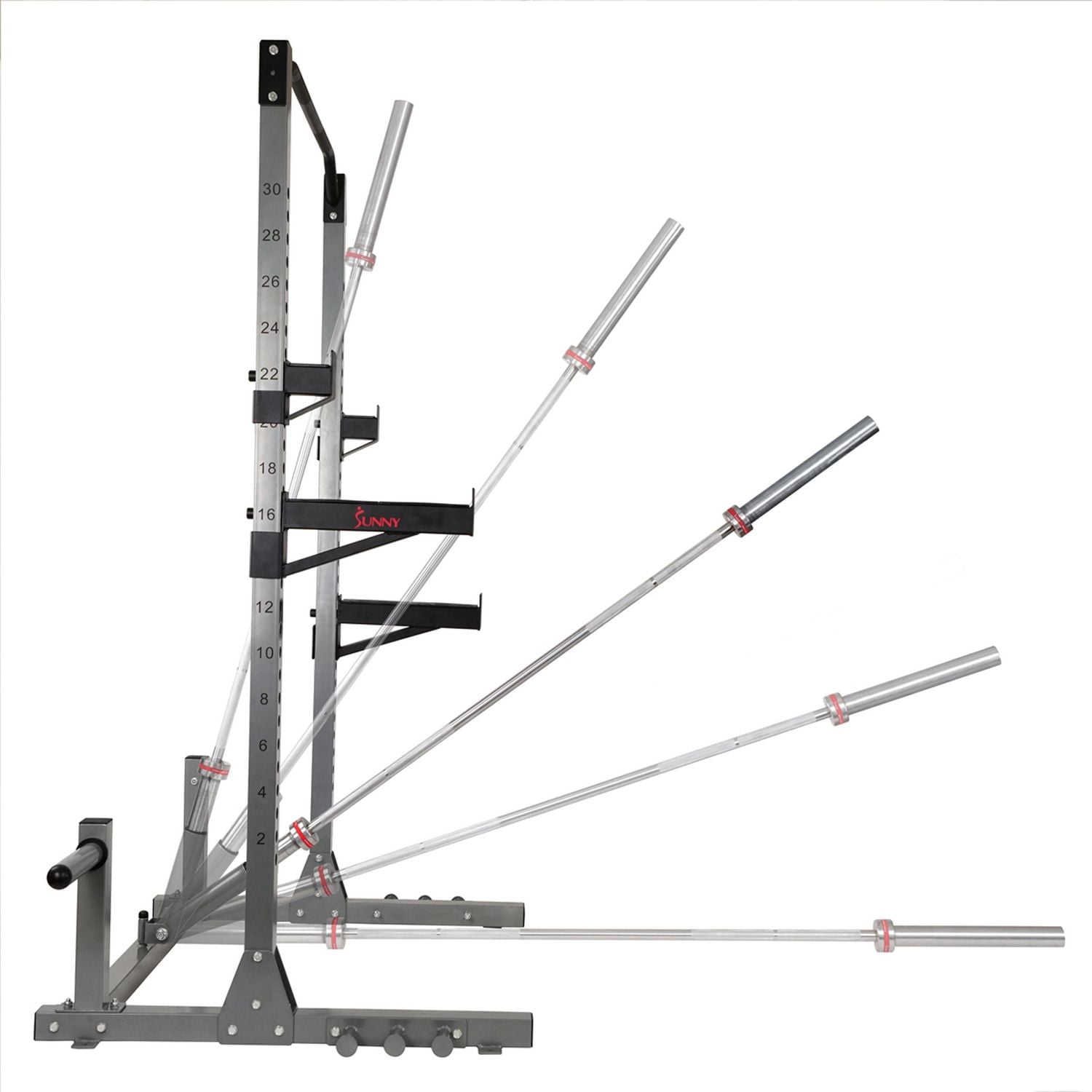 Sunny Health & Fitness Rack de puissance et de squat avec capacité de charge élevée, stockage de plaque de poids Olympic et fixation de la bande anti-bruit pivotante à 360 °