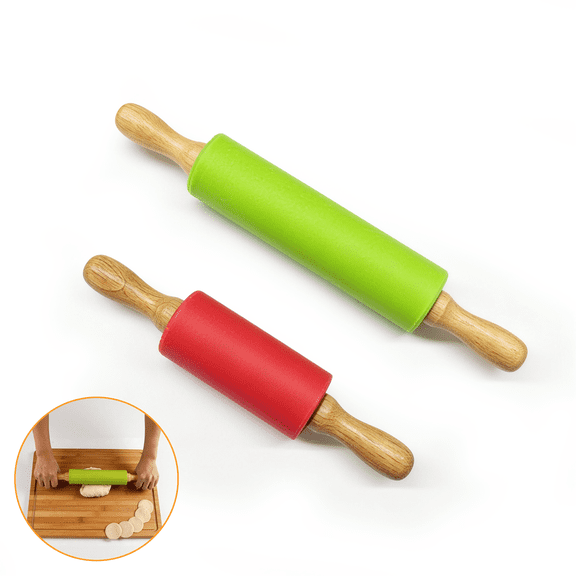 2 Pack Silicone Rolling Pin for Baking, 12/9 In Non Stick Surface Dough Roller with Wooden Handle, Rolling Pins for Baking Pizza, Pies, Pastry and Cookies,(Green/Red)
