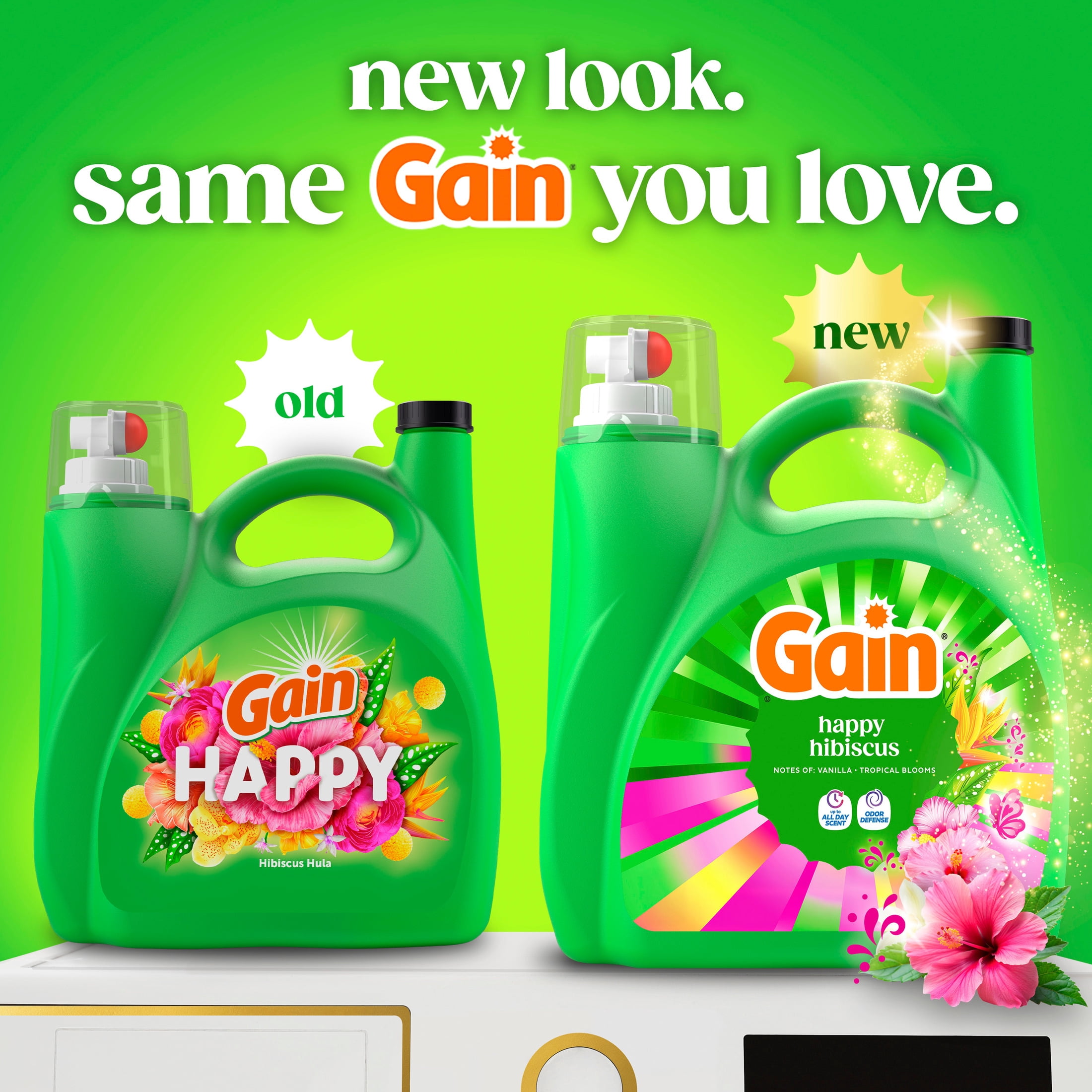 (4 pack) Gain Laundry Detergent Liquid, Now with Odor Defense, Happy Hibiscus Scent, 132 fl oz, 100 Loads