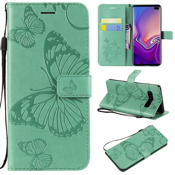 S10 Plus Case, Samsung Galaxy S10 Plus Case - Allytech Premium Wallet PU Leather with Fashion Embossed Floral Butterfly Magnetic Clasp Card Holders Flip Cover with Hand Strap, Green