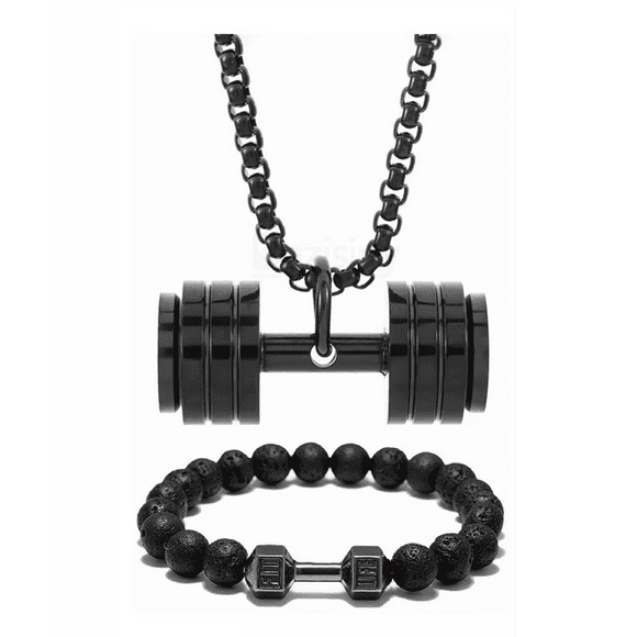 Collar Y Pulsera Mancuerna De Acero Inoxidable Negro