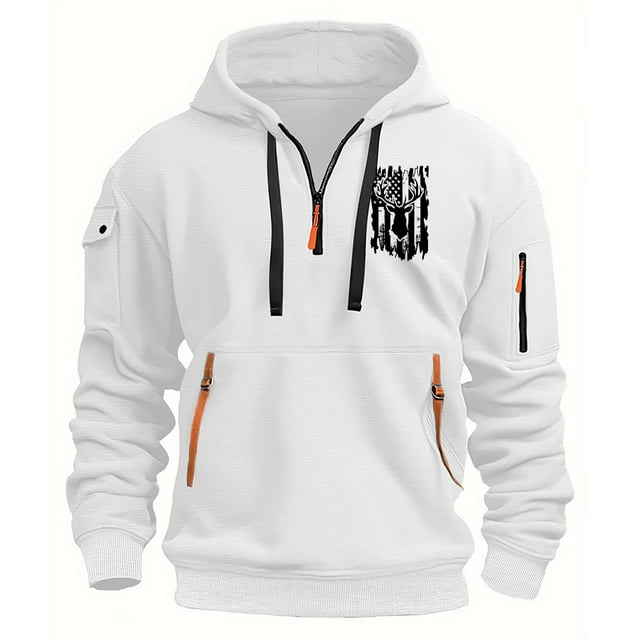 Lovzfmll Men's Spring Fall Print Hooded Sweatshirt Zip Multi-Pocket Pullover Sweatshirt, Hoodie for Casual Style White, L