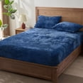 thumbnail image 6 of Velvet Fitted Sheet and Pillowcases Set, Luxury Soft Fuzzy Bottom Sheet with Reinforced Elastic Corner Straps, Deep Pocket up to 15 Inch, 1 Fitted Sheet and 2 Pillowcases (King, Navy Blue), 6 of 17