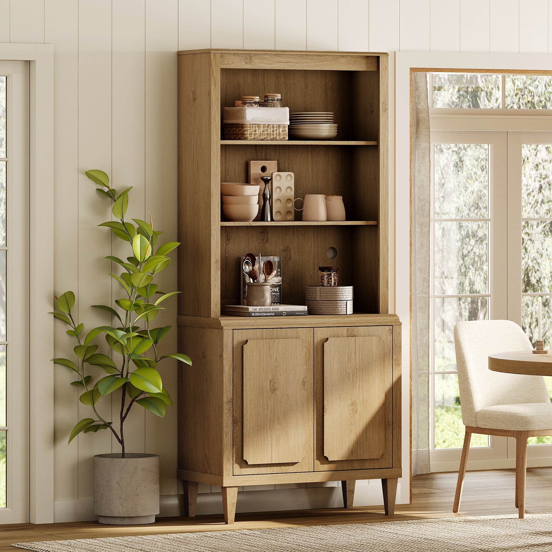Tall Bookshelf with Doors, 72.8 Inch Large Wood Bookshelf with Storage