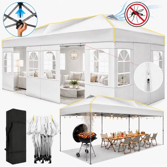 COBIZI 10x20 Pop Up Canopy Tent with 6 Removable Sidewalls, One-Push Setup, Waterproof UPF 50 , Air Vent, 3 Adjustable Heights, Carry Bag, Sandbags, Stakes & Ropes for Parties & Events, White