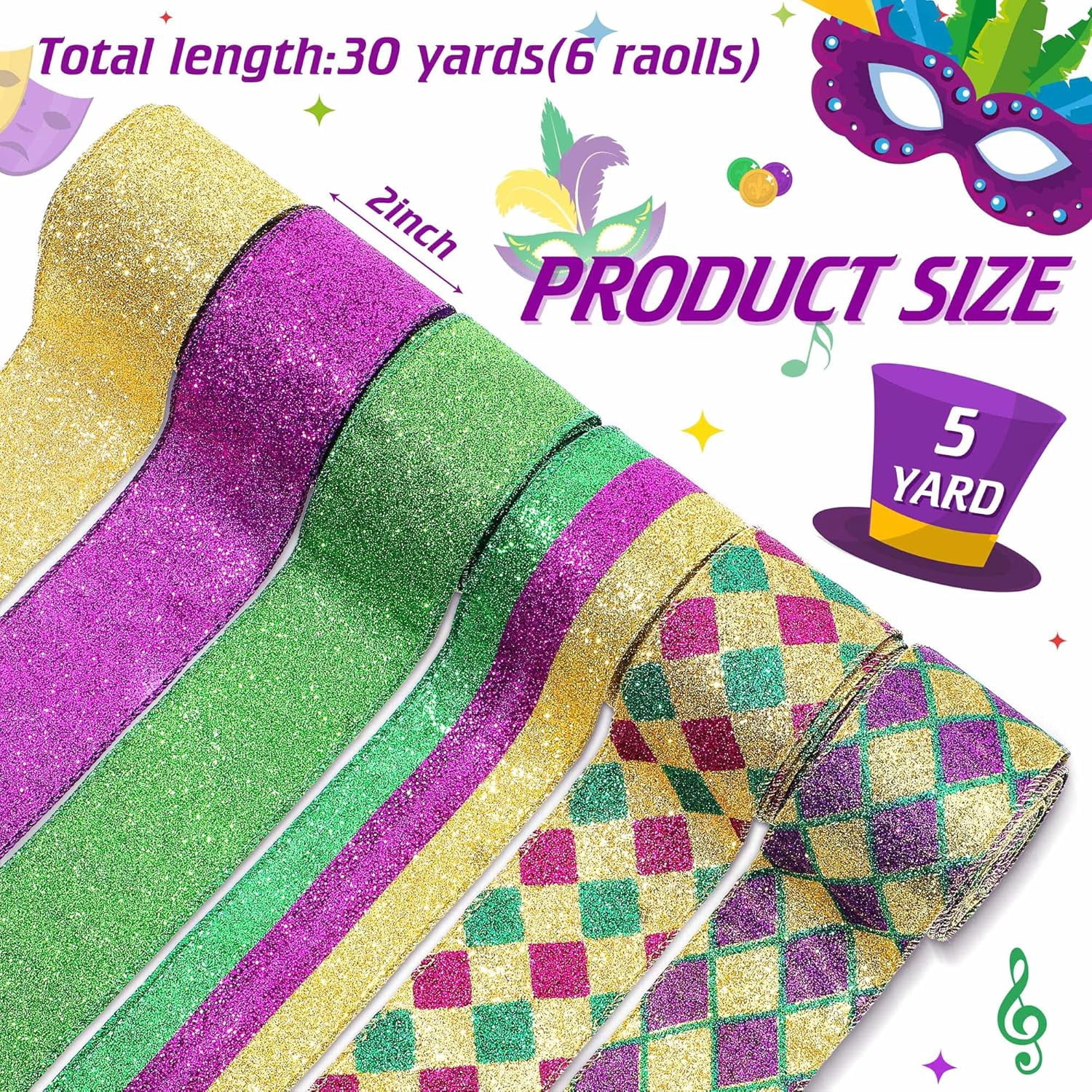 6 Rolls 30 Yards Mardi Gras Wired Edge Ribbon Purple Gold and Green Stripe Glitter Metallic Wrapping Ribbon for Mardi Gras Masquerade Party Decoration(Classic Pattern)