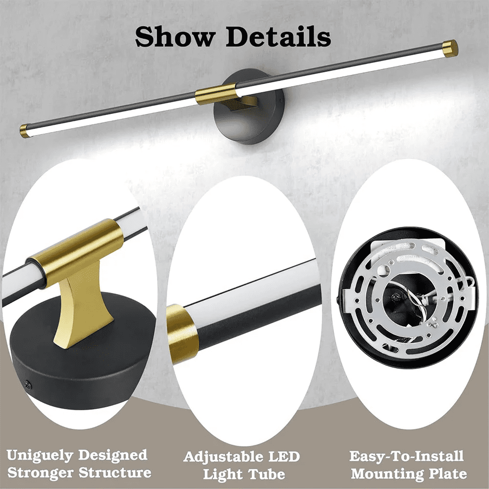 32 Inch 360° Rotatable LED Vanity Lights for Bathroom Over Mirror 6000K Modern Wall Sconces Picture Lights for Paintings Black Gold Bathroom Light Fixtures