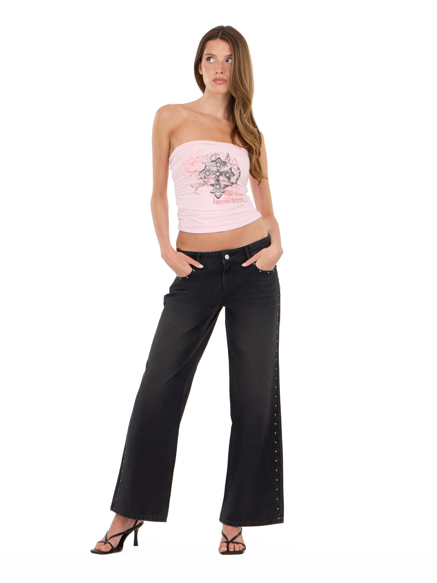 Forever 21 Women's Tube Top with Front and Back Lining, Fixed Side Ruching and Graphic Rhinestone Detail, Fitted Strapless Casual Style, Pink, XXS-XXL