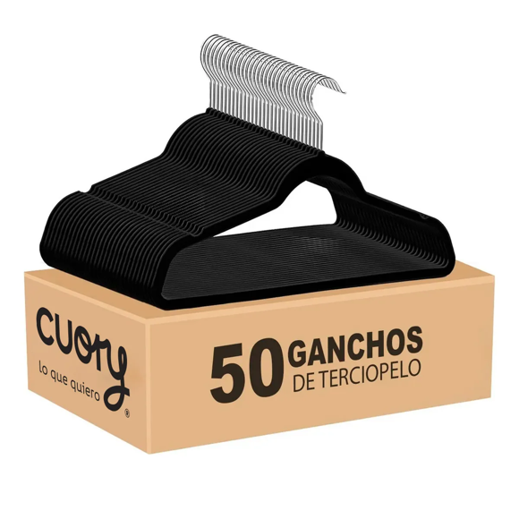Set 50 Ganchos Terciopelo Para Ropa Antideslizantes Premium Xtellar Color Negro