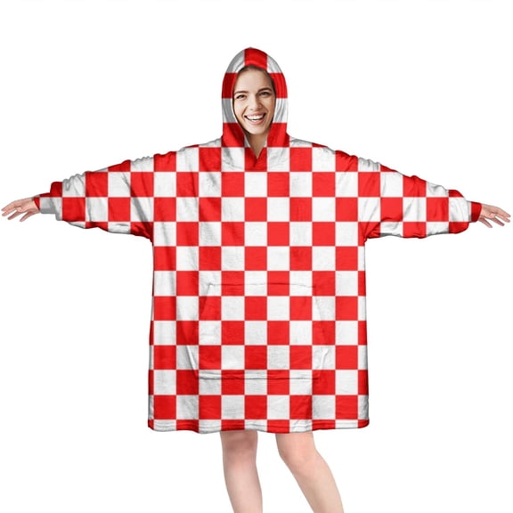 Red and Black Checkered Pattern Wearable Oversized Blanket,Wearable Blanket Hoodie for Adults,Cozy Hooded Blankets with Super Pockets,Super Warm Fuzzy Pullover for Women & Men