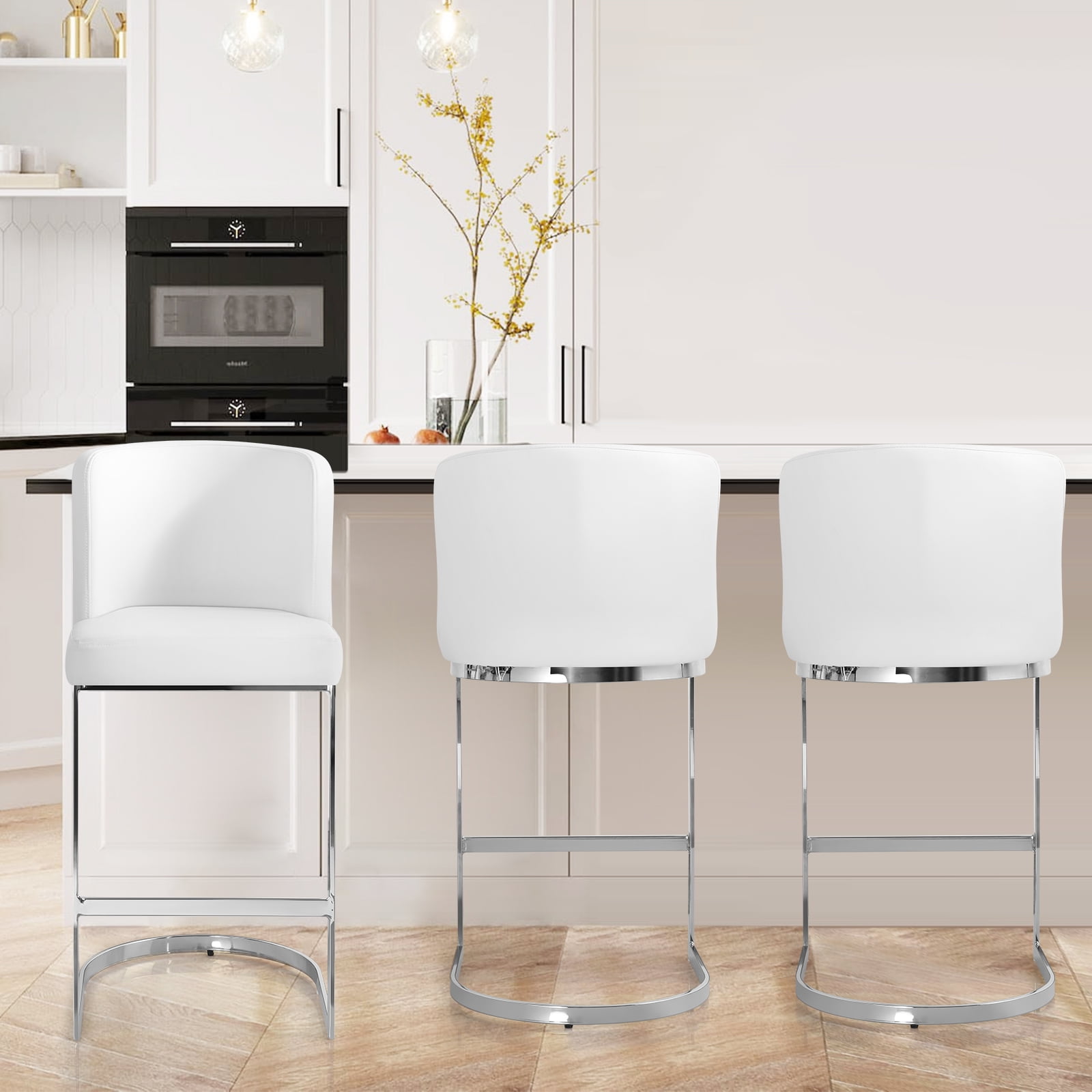 Foreate 26" Counter Height Bar Stools Set of 4 Modern Counter Stools with Back and C-Shaped Metal Frame, Upholstered Faux Leather Bar Chairs Island Stools for Kitchen Counter, Home Bar, Pub, White