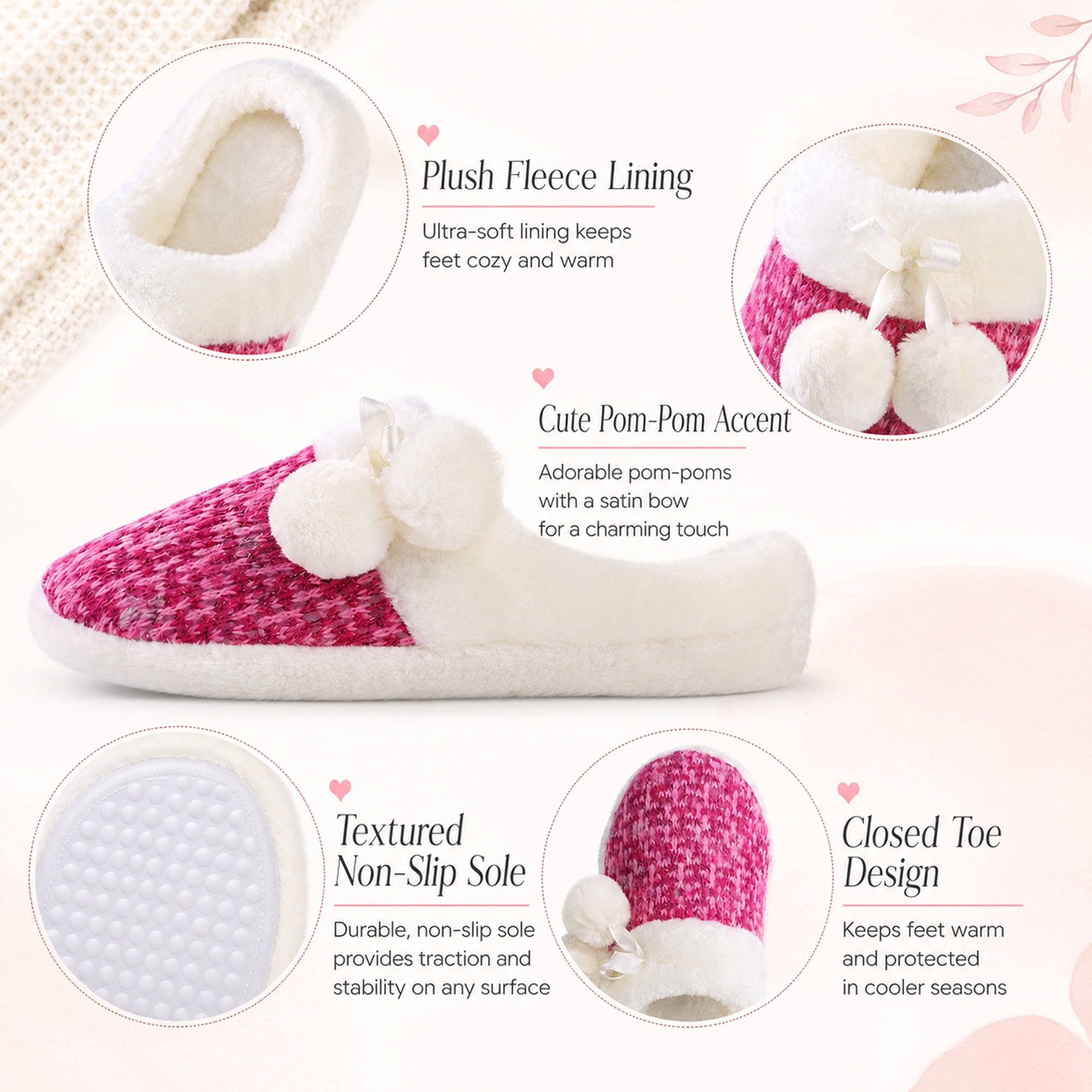 Women’s Size 8 Cozy Plush Fleece-Lined House Slippers, Pink Closed Toe Slip-On Indoor Bedroom Slippers with Pom-Pom Accent