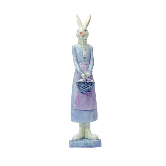Easter Bunny Figurine with Basket, Resin Rabbit in Dress & Apron, Vintage Rustic Tabletop Decoration for Easter Spring, Centerpiece or Valentine's Day & Brithday Gift