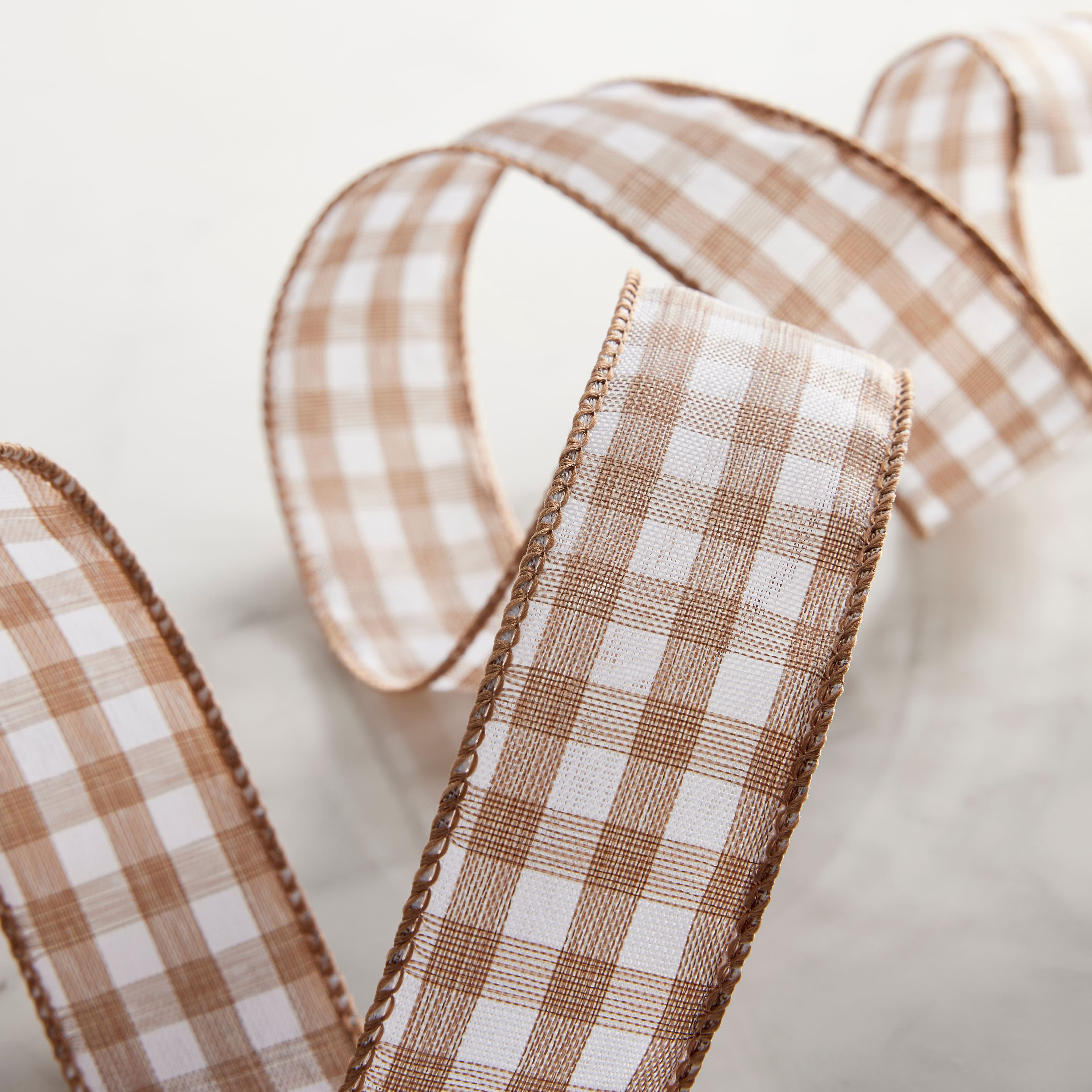 Celebrate It 1.5" x 3yd Natural and White Wired Gingham Ribbon - Classic Polyester Checkered Pattern, Woven Selvage, Ideal for Crafts & Decor, 12 Pack