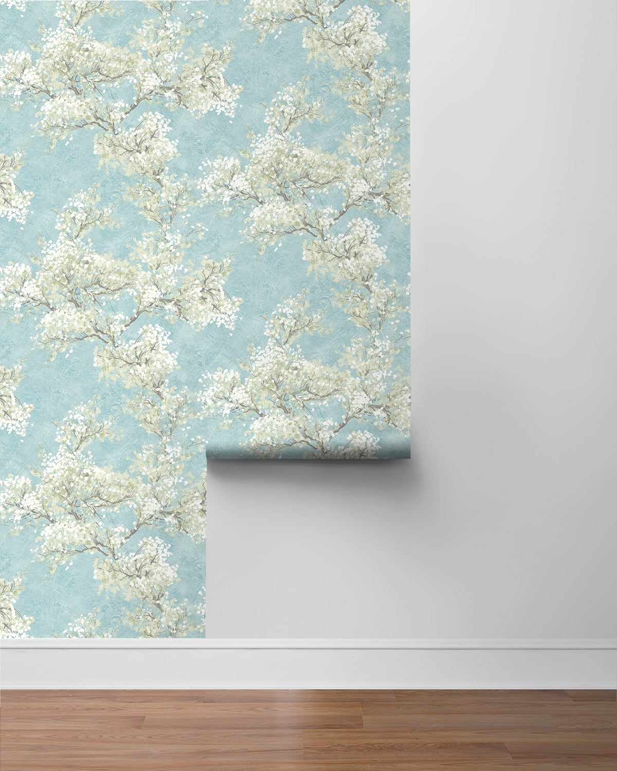 NextWall  Cherry Blossom Grove and Stick Wallpaper 20.5 in. W x 18 ft. L - Blue Mist & Green Tea