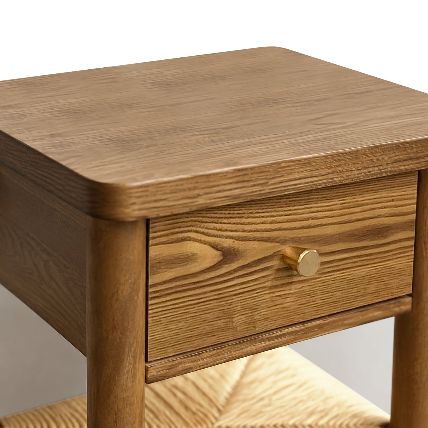 AISWORD End Table with Drawer & Hand-woven Jute Shelf,Small Wood Side Table with Rounded Edges for Bedroom & Living Room,Walnut Brown