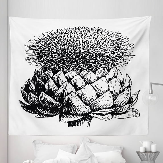 Artichoke Tapestry, Vintage Illustration of a Flowering Perennial Plant Fresh Growth Art, Fabric Wall Hanging Decor for Bedroom Living Room Dorm, 5 Sizes, Black and White, by Ambesonne