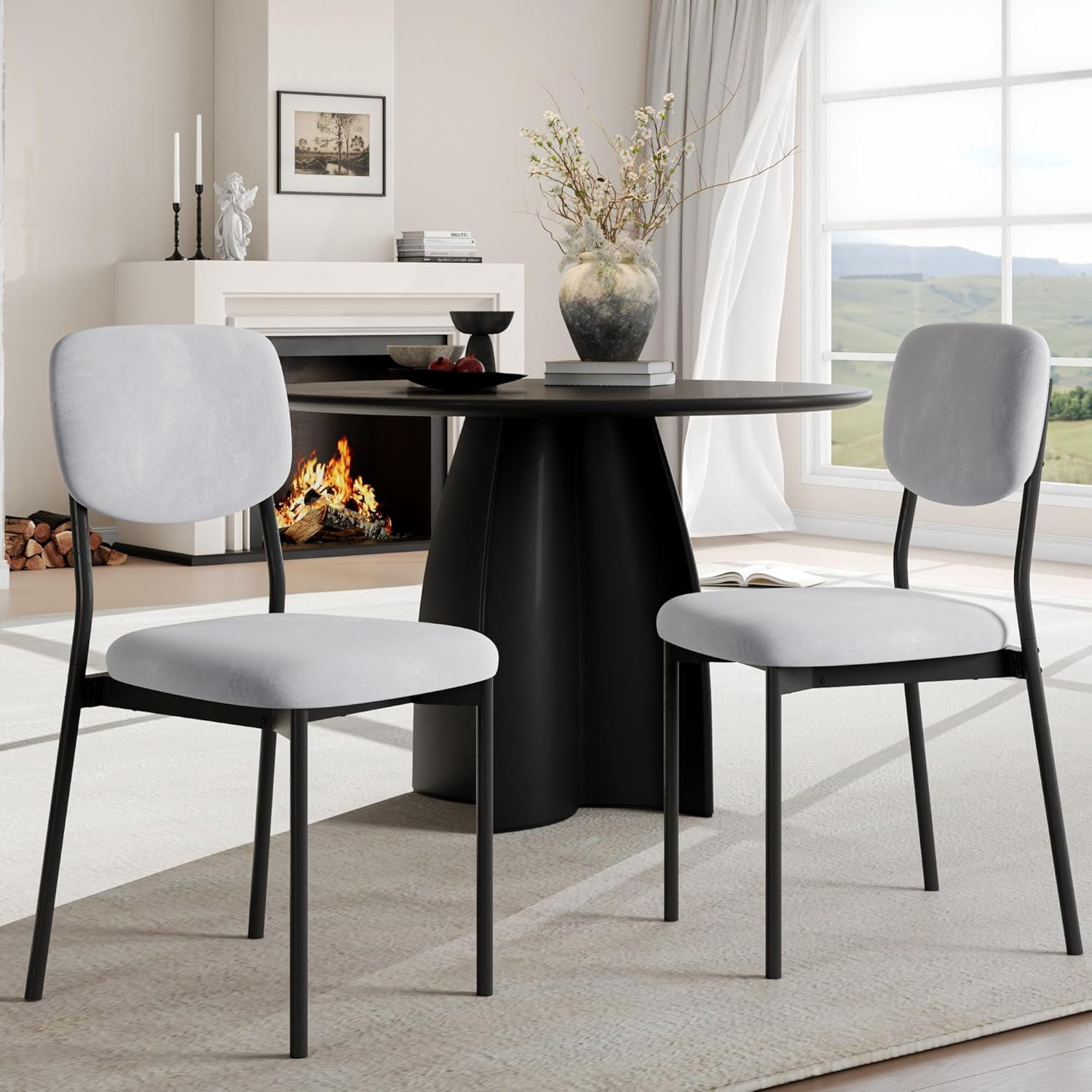 Upholstered Dining Chairs Set of 4, Stackable Modern Dining Room Chairs, Kitchen Chairs w/Soft Velvet Backrest & Sturdy Metal Legs ,Light Grey
