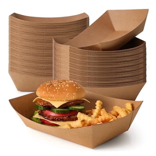 Fit Meal Prep [500 Pack 5 lb Paper Food Trays Heavy Duty Disposable Food Boat, Kraft Brown Nacho Tray for Parties Fairs Picnics Carnivals, Holds Hamburger Snack Fries Grease Resistant