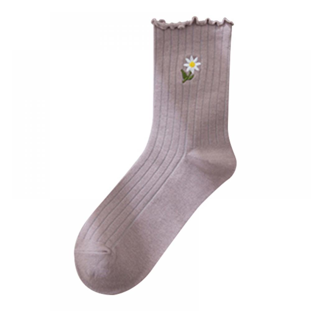 Womens Ruffle Socks High Ankle Casual Knit Dress Socks Cute Embroidery