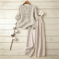 thumbnail image 6 of Womens 2 Piece Outfits 3/4 Sleeve Cotton Linen Embroidered Shirts Wide Leg Capri Pants with Pockets Matching Sets, 6 of 6