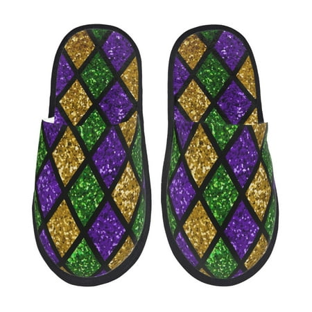 Balery Mardi Gras Shiny Green Purple Slient Indoor Furry Fleece Comfort House Shoes Soft Non-Slip Home Shoes Cotton slippers House Slippers-- Medium