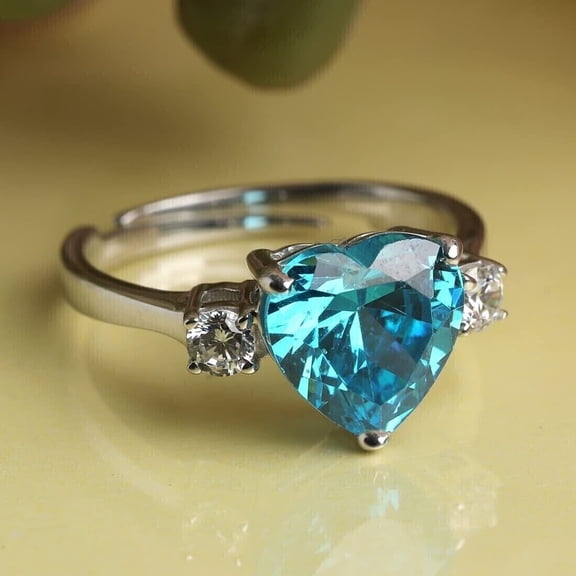 Sparkle Jewels Women's Heart Cut Blue Topaz Three Stone Engagement Ring 14K White Gold Plated