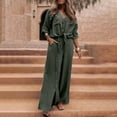 thumbnail image 2 of Dazajoo Womens Fall Lounge Set Plus Size Button Down Long Sleeve T Shirt Matching Wide Leg Pants Suits Solid Color Lightweight Outfits,Green,M, 2 of 10