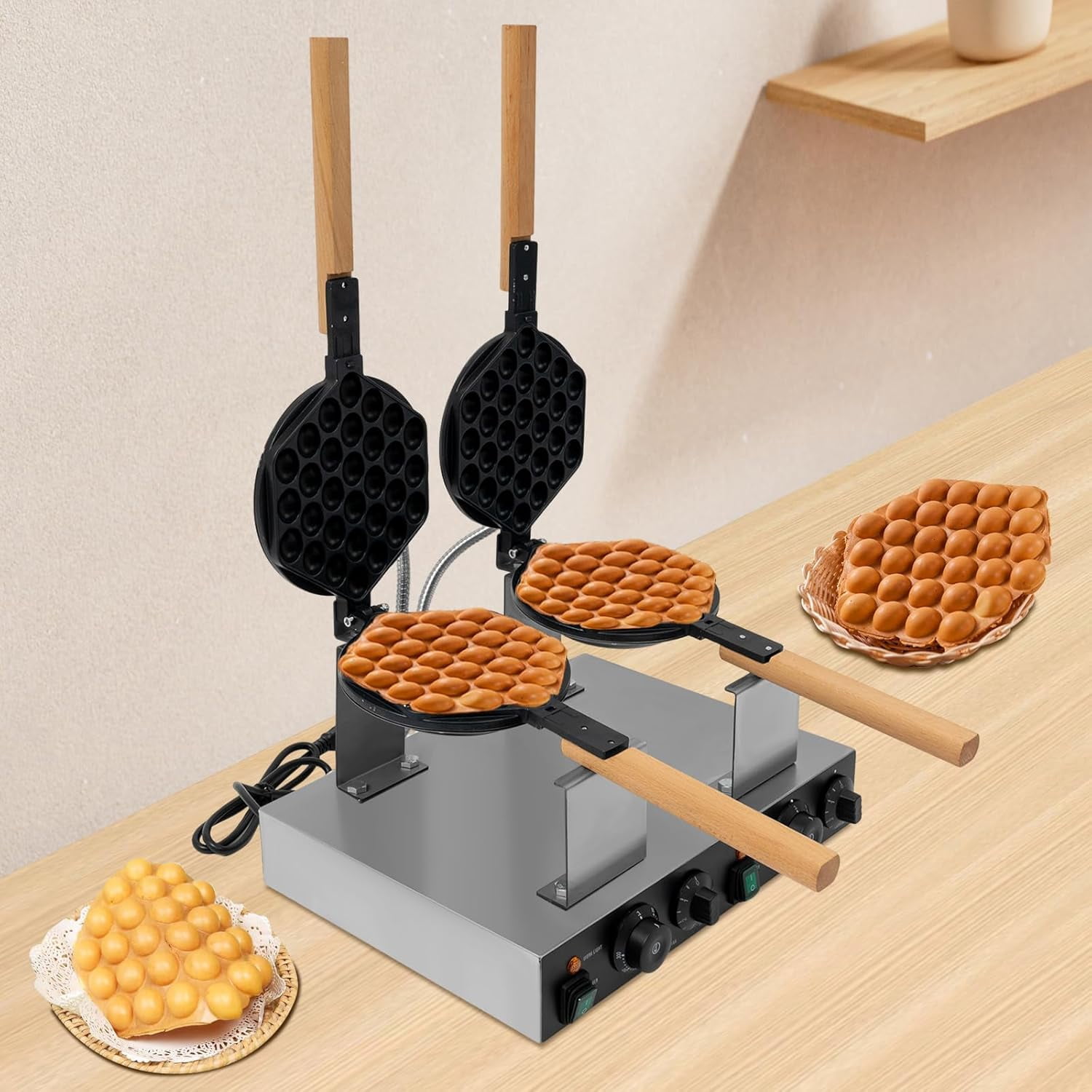 Commercial Bubble Waffle Maker, 2830W Double-head Egg Bubble Puff Maker with Wooden Handles, Stainless Steel Baker with Non-Stick Coating, Electric Non stick Hong Kong Egg Waffler Griddle