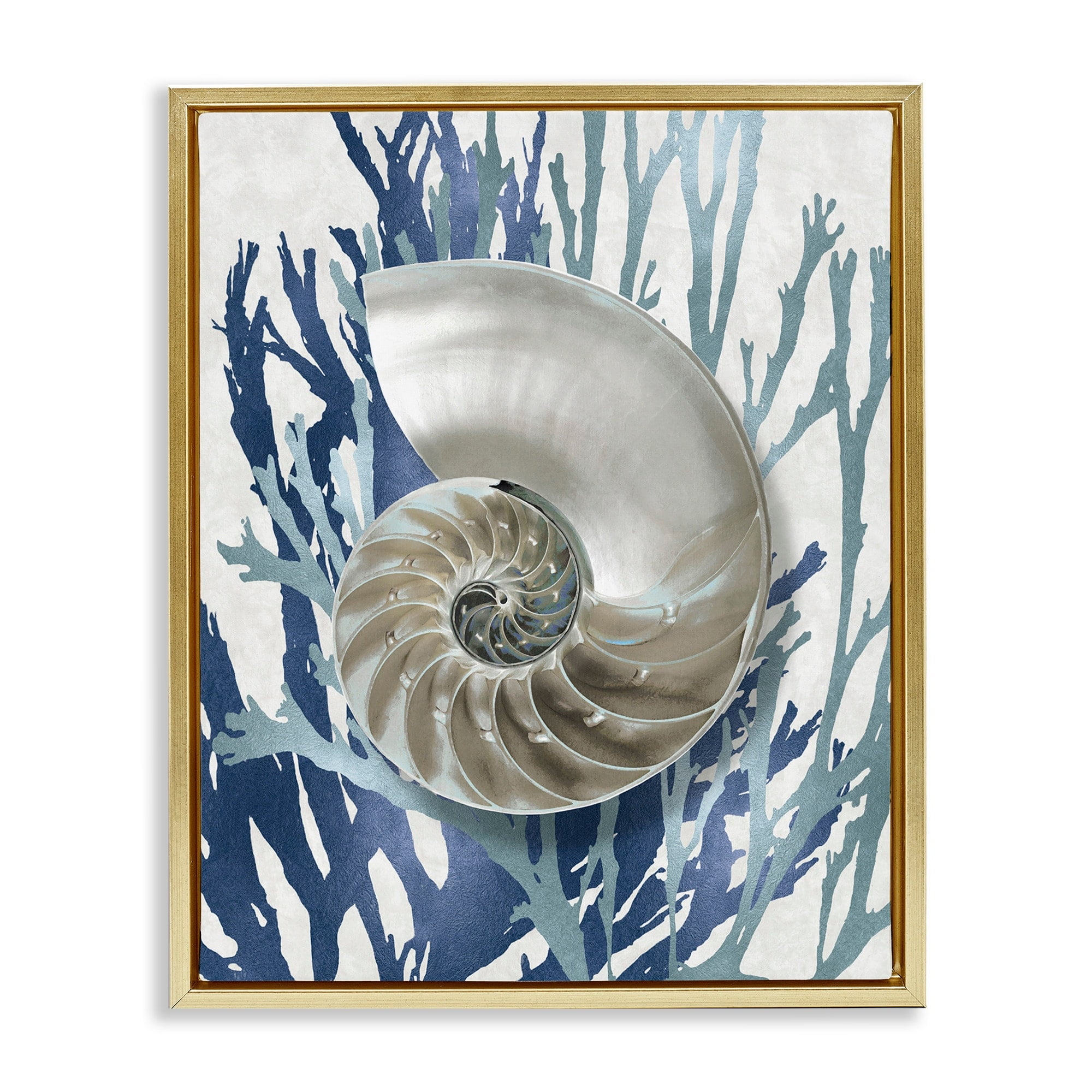 Stupell Industries Shell Coral Beach Blue Design Metallic Gold Framed Floating Canvas Wall Art, 24x30, by Caroline Kelly
