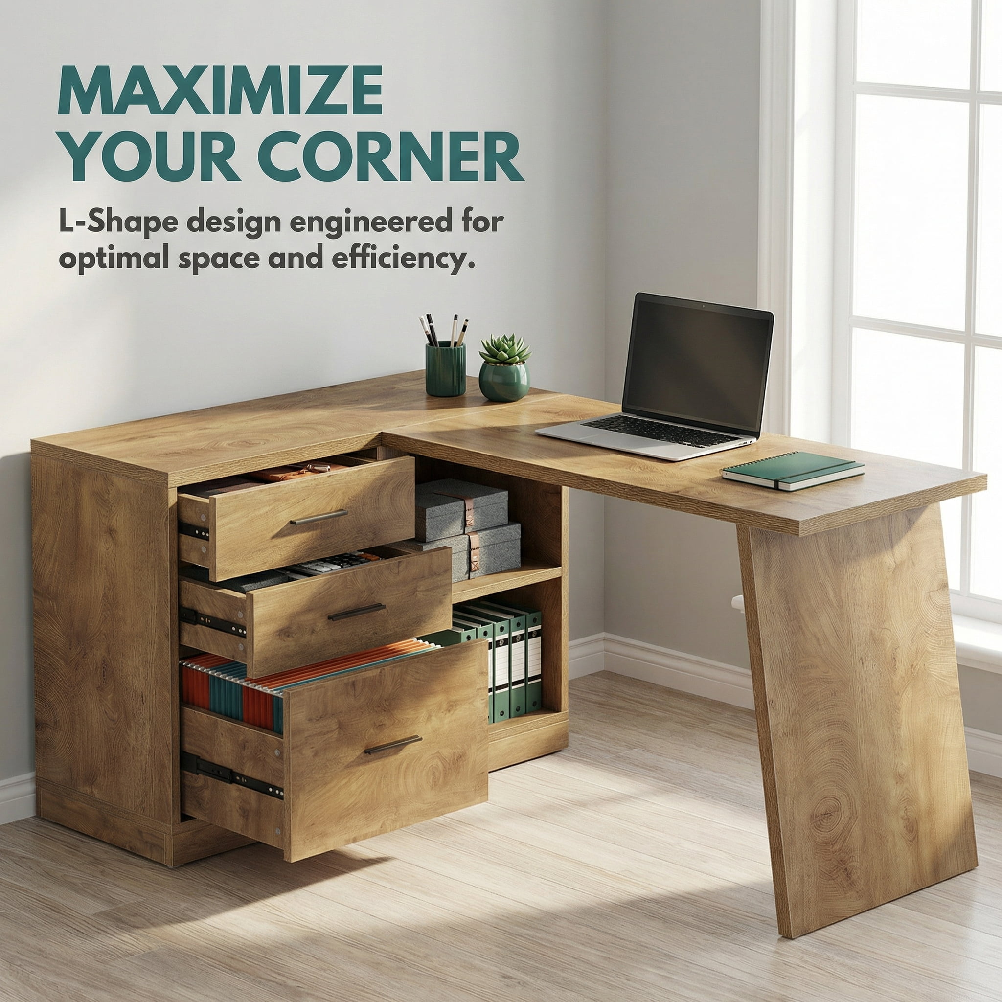 Fnova 55" L Shaped Executive Desk with Drawers, Corner Computer Desk with File Cabinet, Farmhouse Wood Office Desk for Work Writing, Gaming, Brown