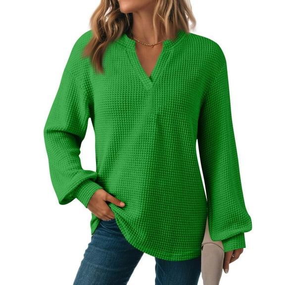 UQJfacai Long Sleeve Shirts for Women Oversized Waffle Knit V-Neck Tunic Tops Loose Fit Casual Blouses Lightweight Drop Shoulder Fall Sweaters
