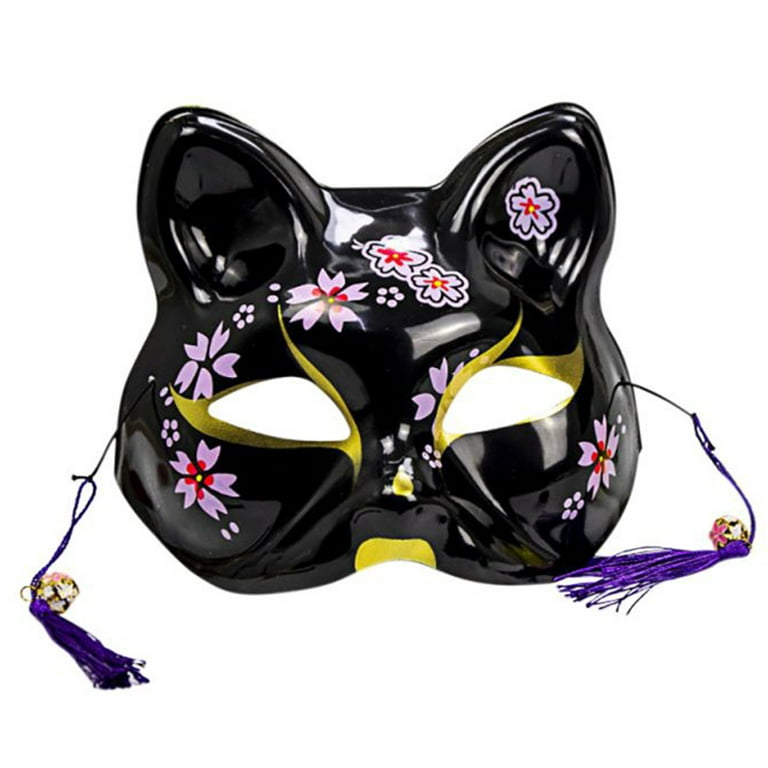 Japanese Animal for Cat Half Face Mask with Tassels Small Bells  Hand-Painted Cosplay Anime Masquerade Party Dress Up 