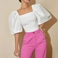 thumbnail image 2 of Women's Flutter Sleeve Square Neck Tunic Tops Cropped Tops Slim Fit Babydoll Trendy Ladies Y2k Shirts Blouses White,XL, 2 of 5