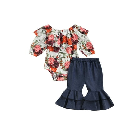 

TheFound Lovely Baby Girls Clothes Off Shoulder Ruffles Long Sleeve Flowers Printed Romper+Denim Flare Pants Sets