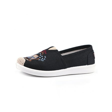 

Sanviglor Ladies Loafers Comfort Flats Slip On Casual Shoes Walking Breathable Embroidered Lightweight Linen Black 7.5