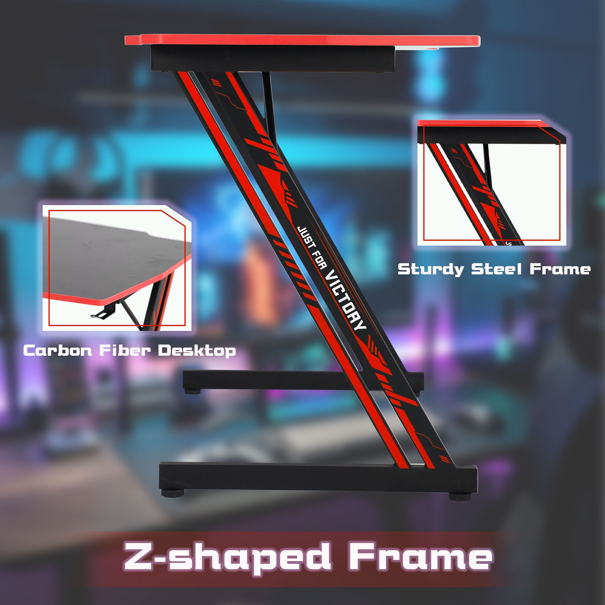 Yrllensdan Z-Shaped Gaming Desks with Headphone Hook and Adjustable Feet Gaming Table Desk, Red
